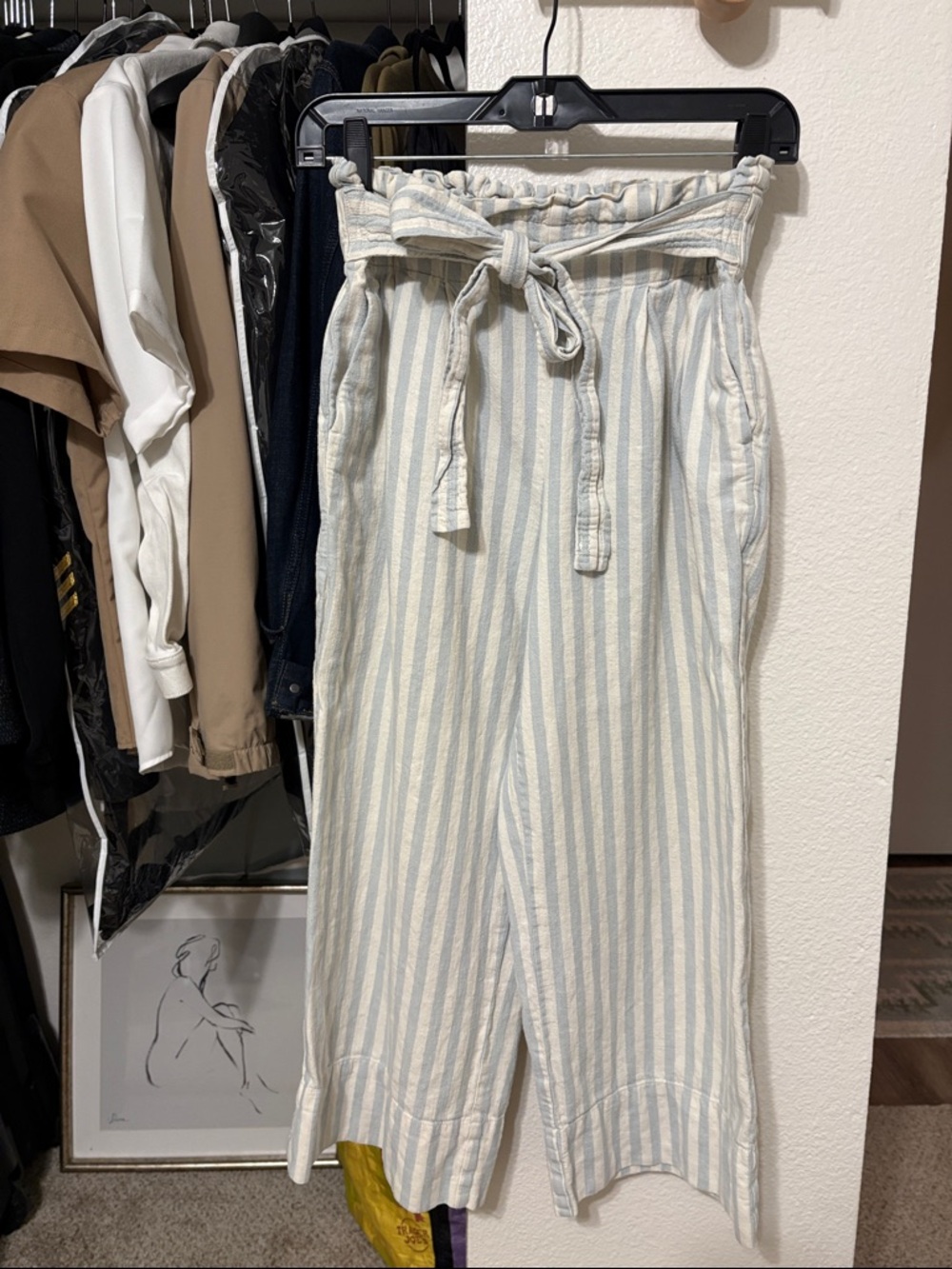 Madewell Striped Paperbag Waist Tie Pants - Light Blue & White